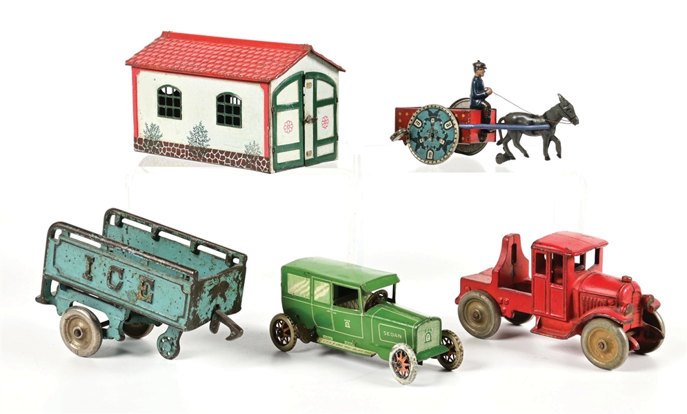 LOT OF 3: KENTON ICE DELIVERY TRACTOR-TRAILER & LEHMANN SEDAN-GARAGE SET AND DONKEY CART