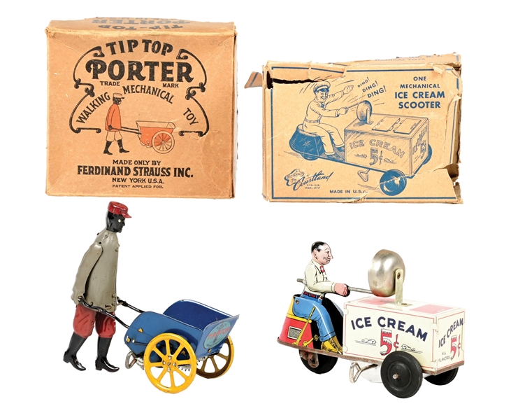 LOT OF 2: STRAUSS & COURTLAND TIP TOP PORTER AND ICE SCREAM SCOOTER MECHANICAL TOYS W/ BOXES