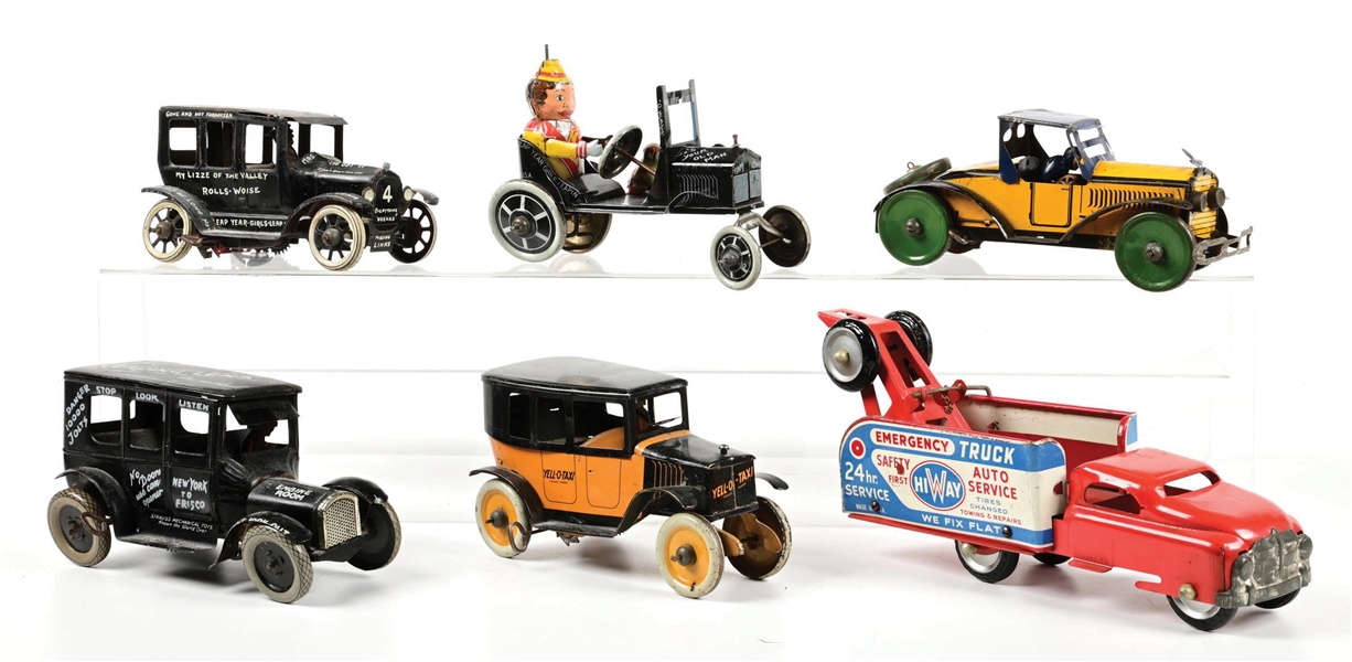 LOT OF 6: STRAUSS & MARX LEAPING LENA, YELL-O-TAXI, EMERGENCY TRUCK & OTHER TIN WIND-UP TOYS