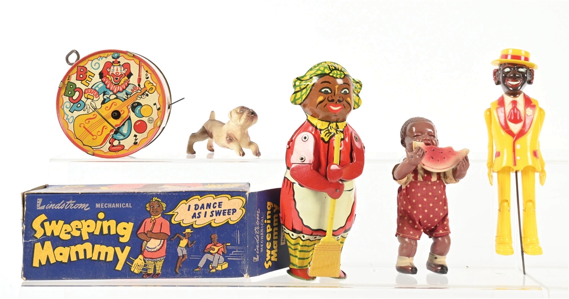 LOT OF 3: MECHANICAL "SWEEPING MAMMY", POOR PETE & BITING DOG CELLULOID TOYS, BE-BOP JIGGER WIND UP TOY