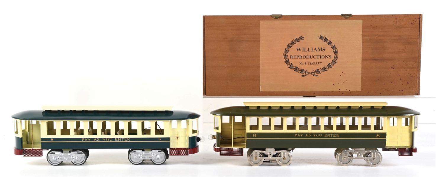 LOT OF 2: WILLIAMS & UNKNOWN MFG. STD-GA. PAY AS YOU ENTER NO. 8 TROLLEYS W/ WOOD BOX