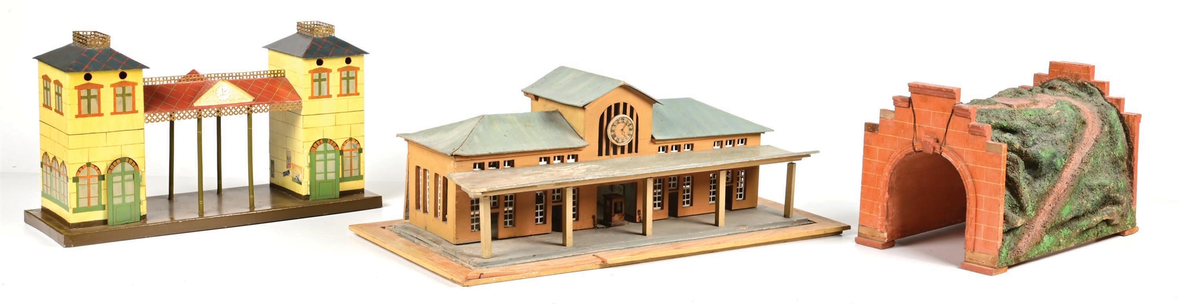 LOT OF 3: TIN STATION, FOLK ART WOOD STATION AND TUNNEL