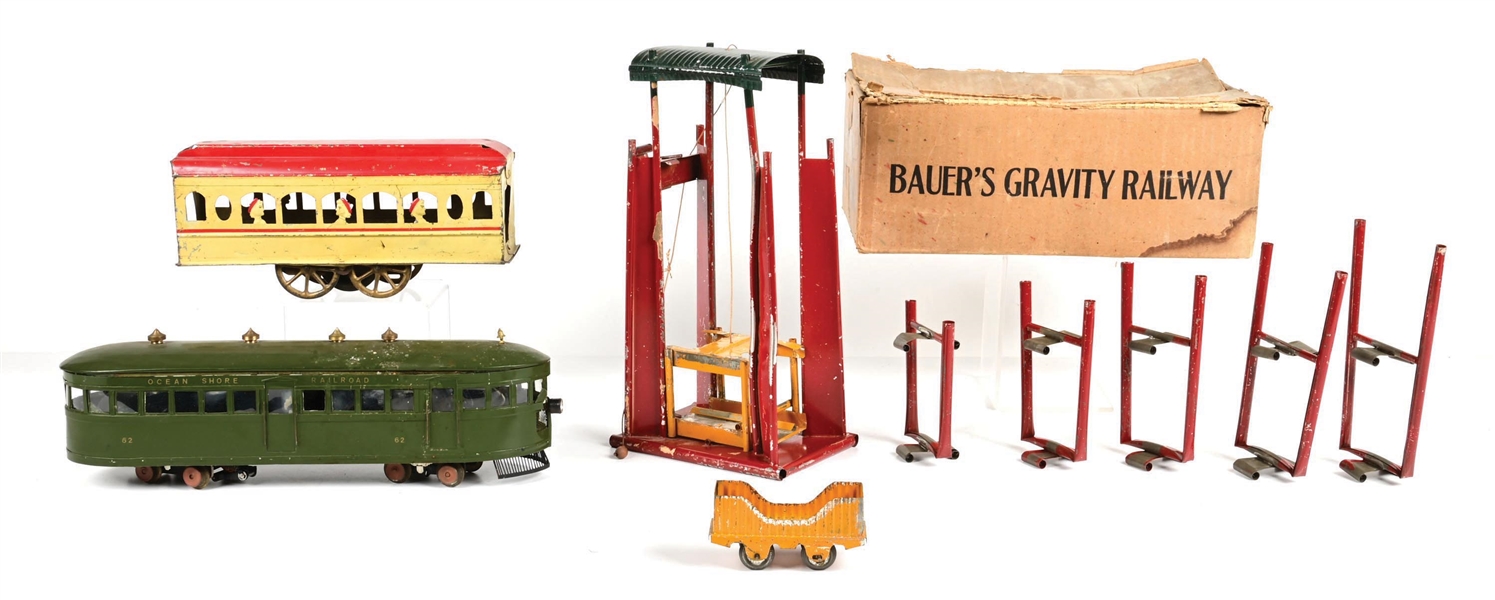 LOT OF 3: BAUERS GRAVITY RAILWAY W/ BOX, HOMEMADE TROLLEY & DAYTON TIN HILL CLIMBER TROLLEY