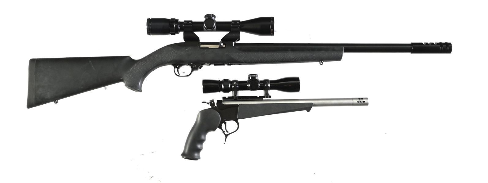 (M) LOT OF TWO: RUGER 10/22 .22 LR SEMI-AUTOMATIC RIFLE AND THOMAS CONTENDER .223 REMINGTON SINGLE SHOT PISTOL.