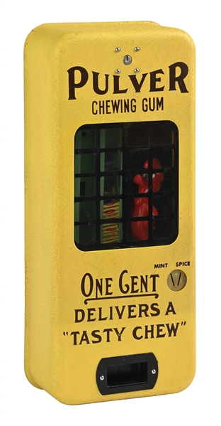 1¢ YELLOW PORCELAIN WOODPECKER PULVER VENDING MACHINE W/ ORIGINAL BOX