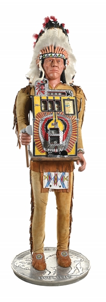 25¢ MILLS WAR EAGLE SLOT MACHINE WITH NATIVE AMERICAN STAND