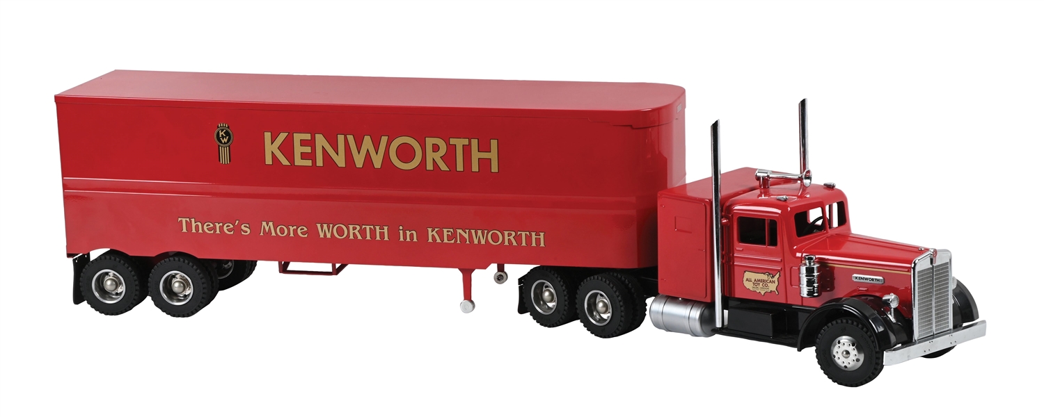 LOT OF 2: ALL AMERICAN PRESSED STEEL RED KENWORTH TRACTOR & VAN TRAILER W/ BOXES