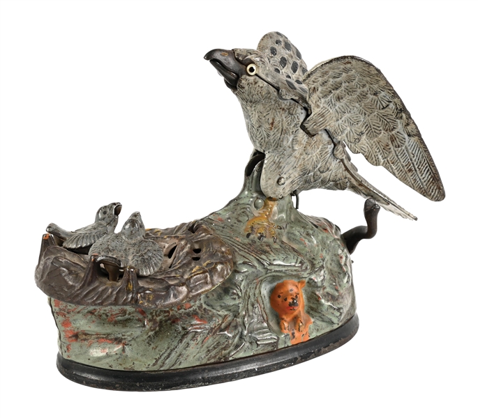 J. & E. STEVENS CAST IRON EAGLE & EAGLETS MECHANICAL BANK 
