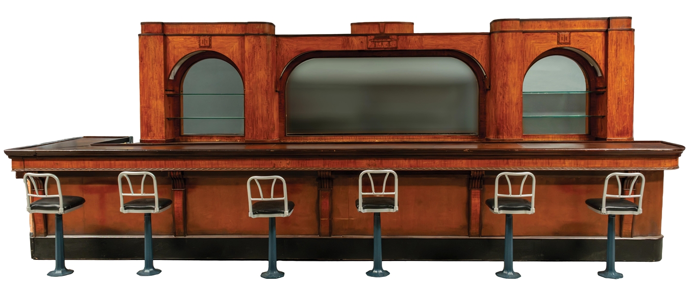 WALNUT FRONT AND BACKBAR W/ SET OF 6 BAR STOOLS