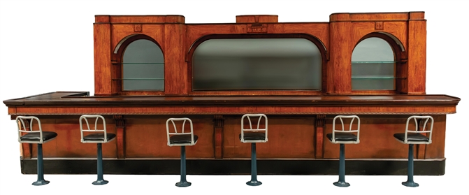 WALNUT FRONT AND BACKBAR W/ SET OF 6 BAR STOOLS