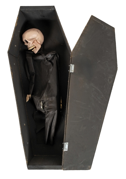 ANIMATED SKELETON AUTOMATON IN A FIBERBOARD COFFIN