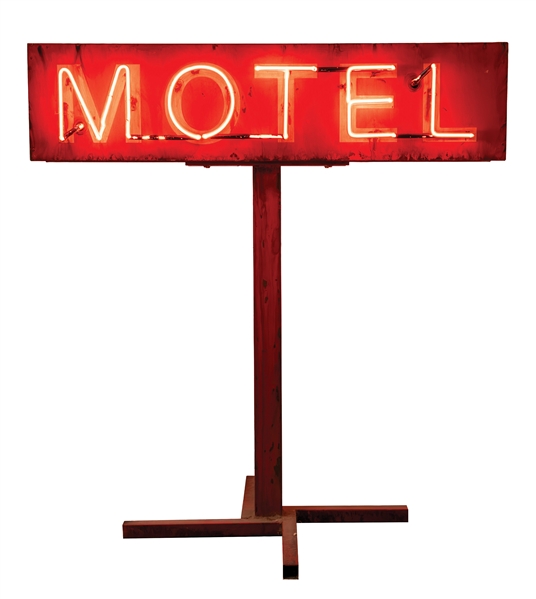RED DOUBLE SIDED MOTEL NEON SIGN WITH COLUMN STAND