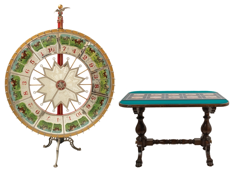 H.C. EVANS & CO.  HORSE RACE GAMING WHEEL AND WALNT BETTING TABLE