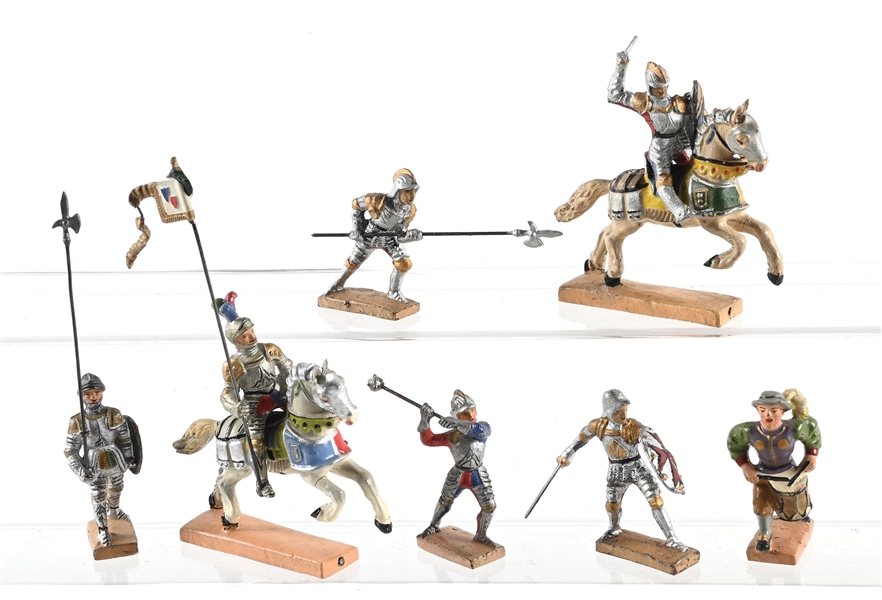 LOT OF 7: PRE-WAR LINEOL KNIGHTS, FOOT & MOUNTED