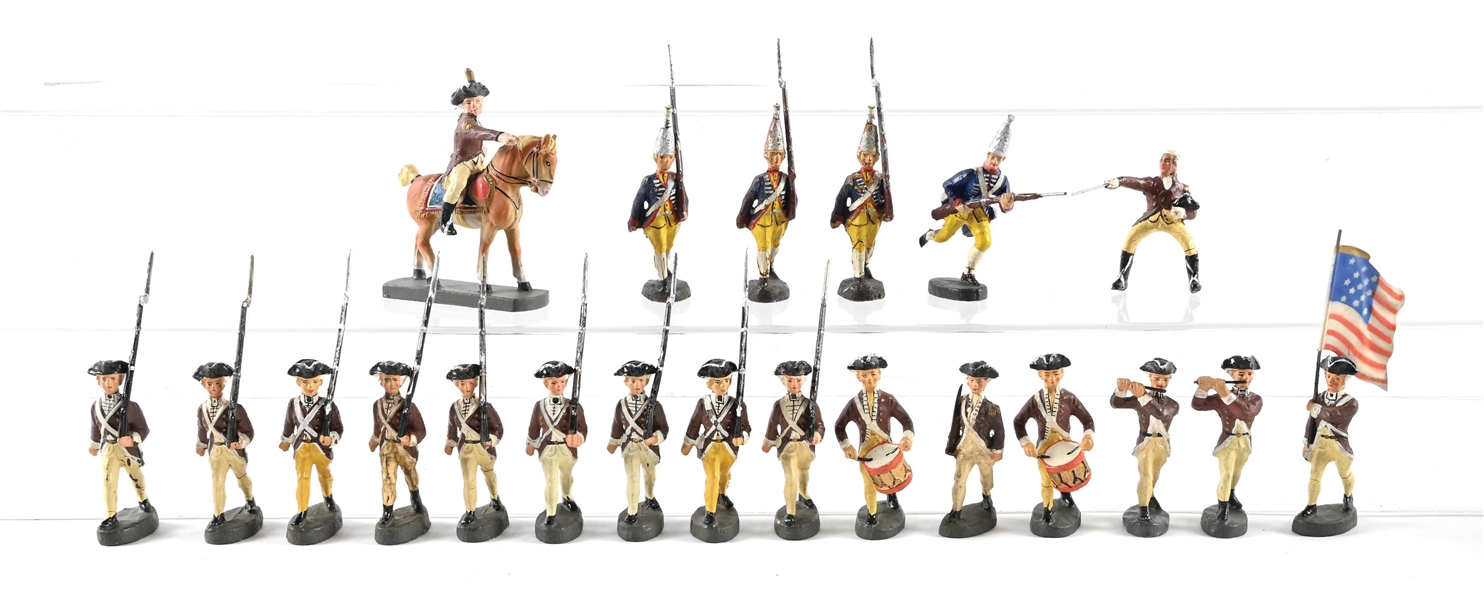 LOT OF 21: PRE-WAR ELASTOLIN REVOLUTIONARY WAR COLONIALS & HESSIANS