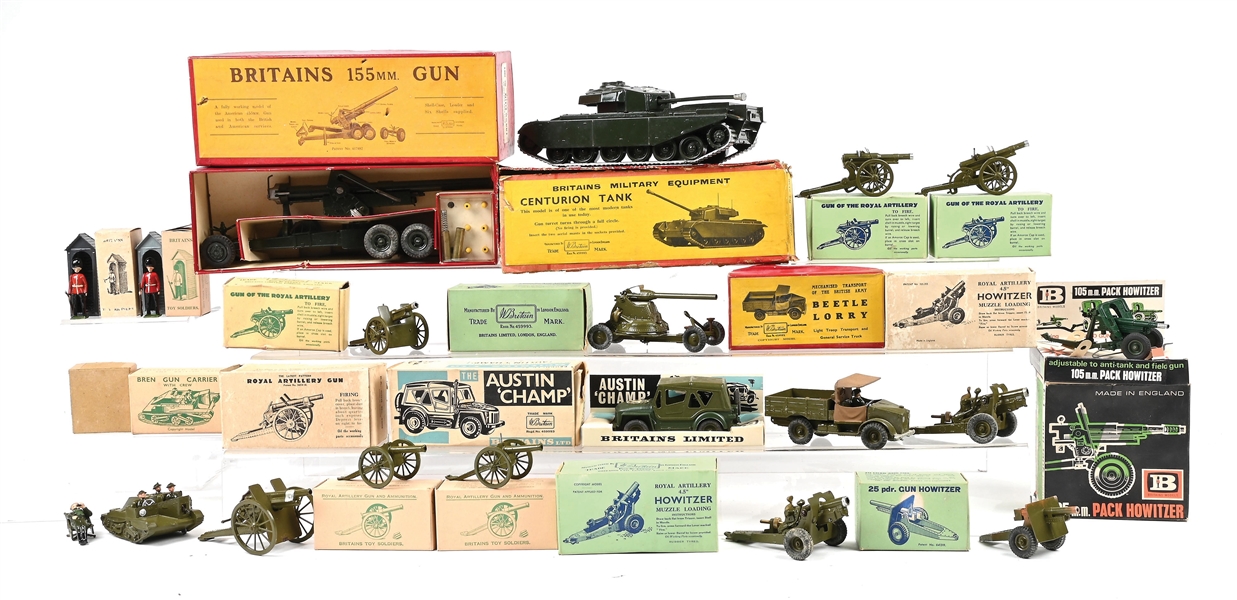 LOT OF 19: W. BRITAINS MILITARY EQUIPMENT GROUP IN BOXES