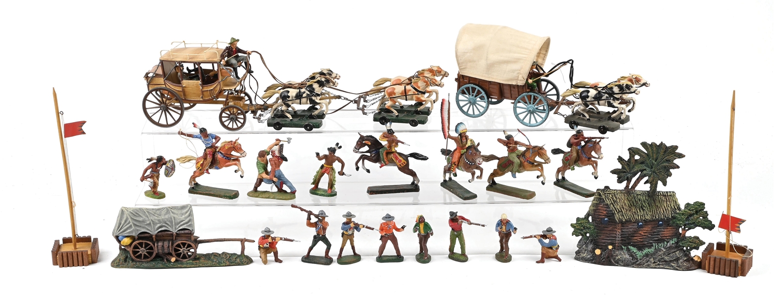 36-PIECE ELASTOLIN HAUSSER 7CM COMPOSITION STAGECOACH STATION NATIVE AMERICAN ATTACK