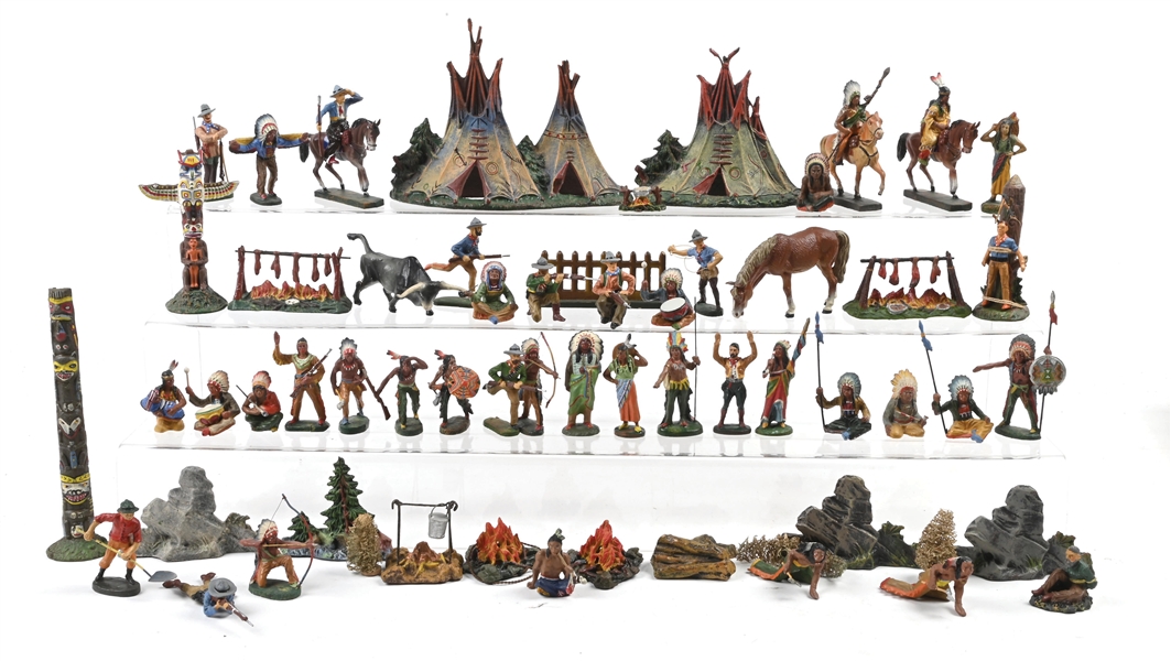 63-PIECE HAUSSER ELASTOLIN AMERICAN INDAIN CAMP WITH ATTACKING COWBOYS