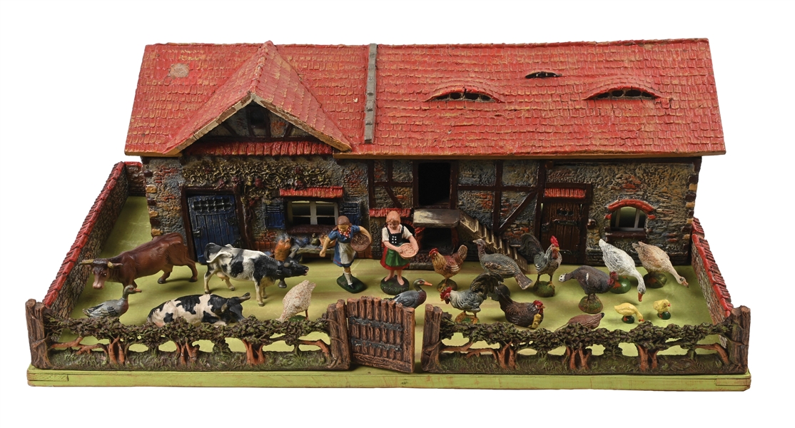 VINTAGE ELASTOLIN LARGE FARM SET WITH FIGURES & ANIMALS
