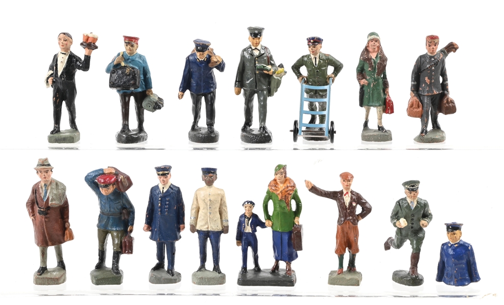 PRE-WAR ELASTOLIN RAILROAD FIGURES, 15 PIECES
