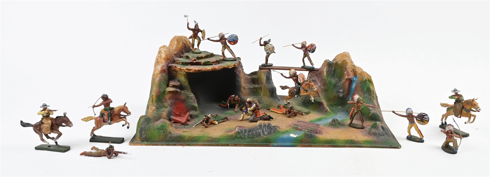 RARE ELASTOLIN VACUFORM INDIAN OUTPOST WITH INDIANS & ATTACKING COWBOYS, 21 PIECES