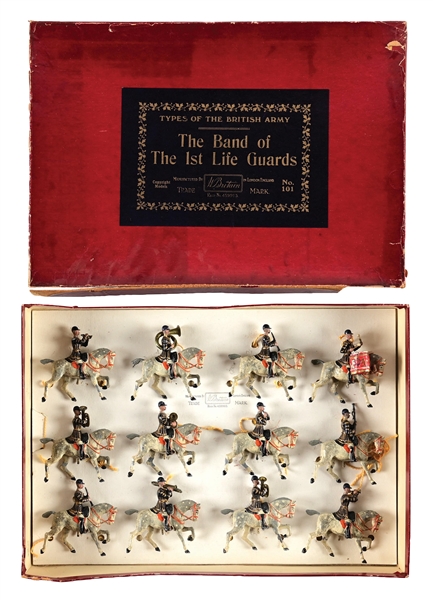 PRE-WAR W. BRITAINS NO. 101 BRITISH ARMY BAND OF THE 1ST LIFE GUARDS (RARE BLUE JACKETS) SET W/ BOX