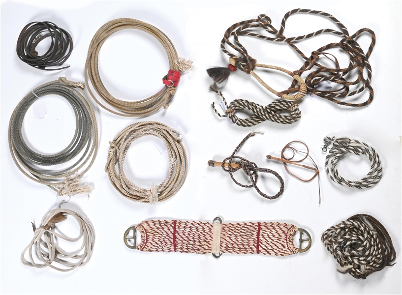LARGE LOT OF 16: ASSORTED HORSE HAIR ROPES AND SADDLE BLANKETS