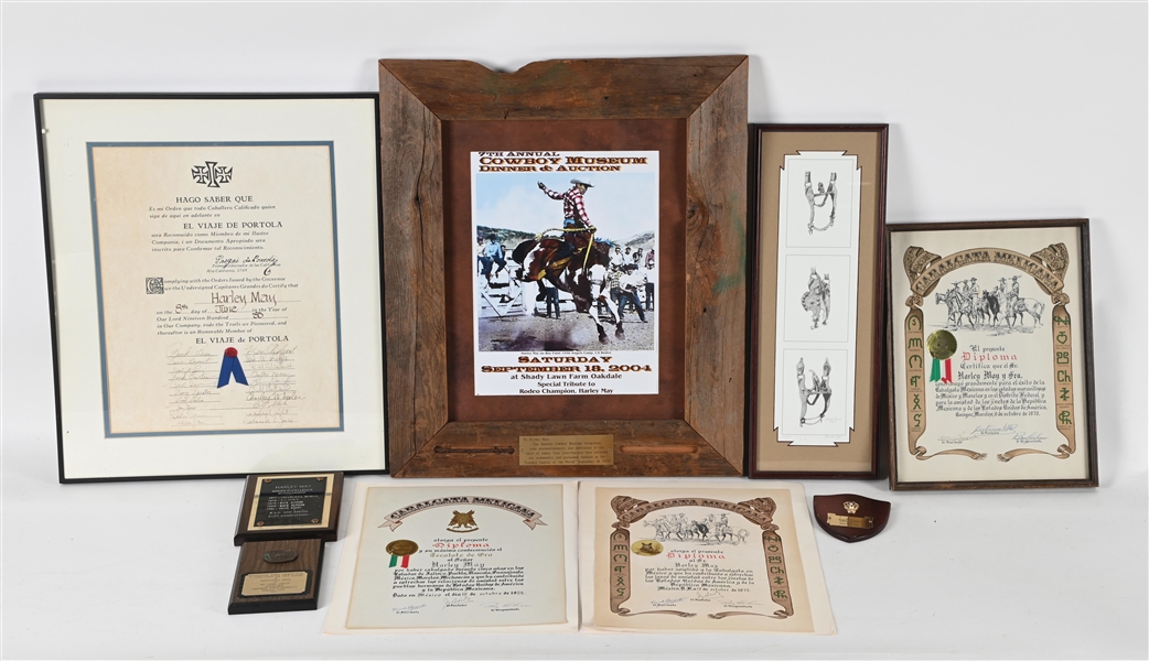 COLLECTION OF 17: FRAMED HARLEY MAY RODEO PHOTOS AND ASSORTED DIPLOMAS AND AWARDS