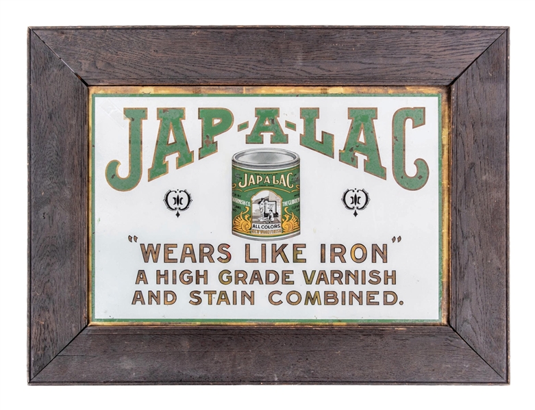 JAP-A-LAC REVERSE PAINTED GLASS SIGN W/ JAP-A-LAC CAN GRAPHIC