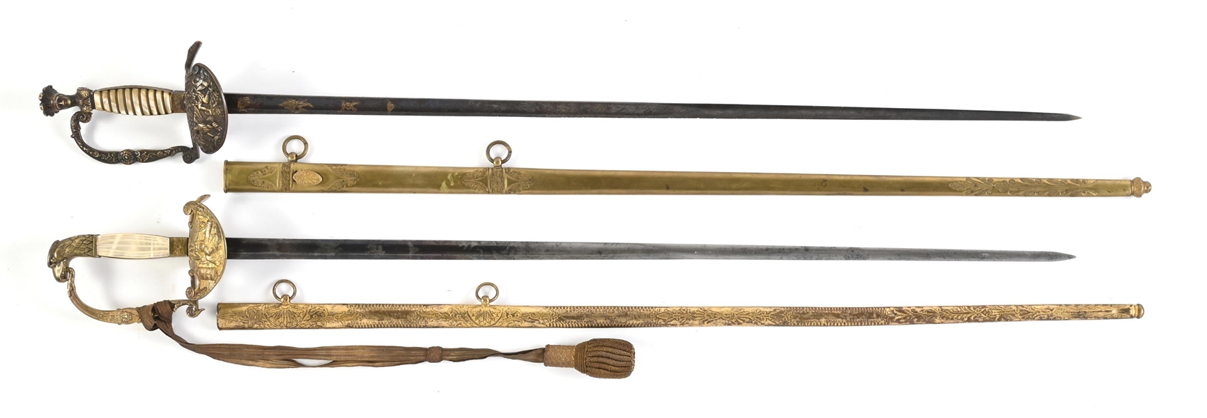 LOT OF 2: US FEDERAL PERIOD INDIAN HEAD AND EAGLE HEAD POMMEL MILITIA OFFICERS SWORDS.