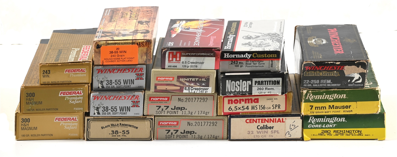 LOT OF 17 FULL BOXES OF CRISP COMMERCIAL AMMUNITION.