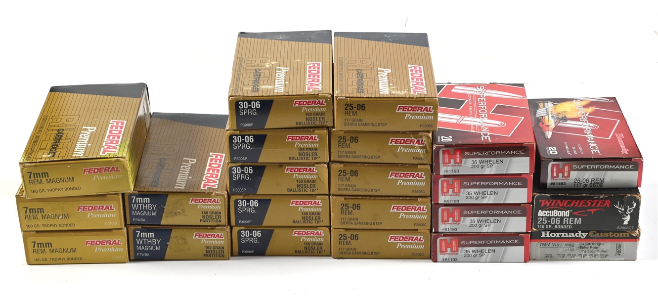 LOT OF 22 FULL BOXES OF CRISP COMMERCIAL AMMUNITION.