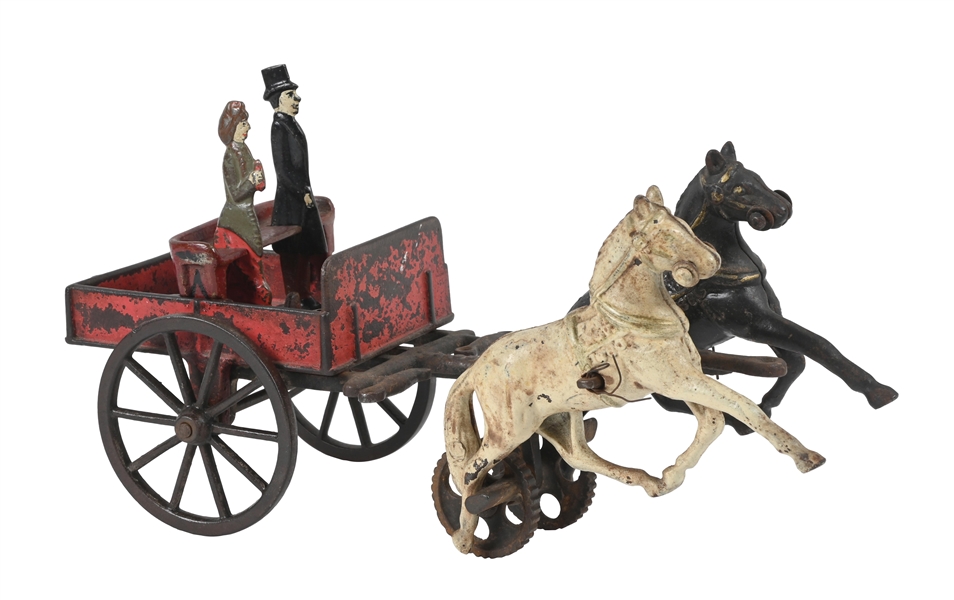 SCARCE CARPENTER CAST-IRON TWO-HORSE MECHANICAL CARRIAGE TOY