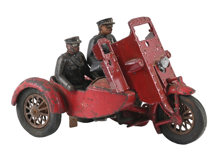 HUBLEY MFG. CO. CAST IRON MOTORCYCLE TOY WITH SIDECAR  AND POLICE OFFICERS