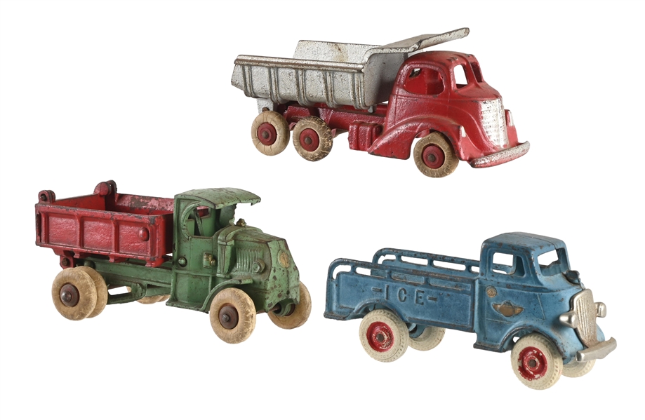 LOT OF 3: ARCADE MFG. CO. CAST IRON TOY TRUCKS