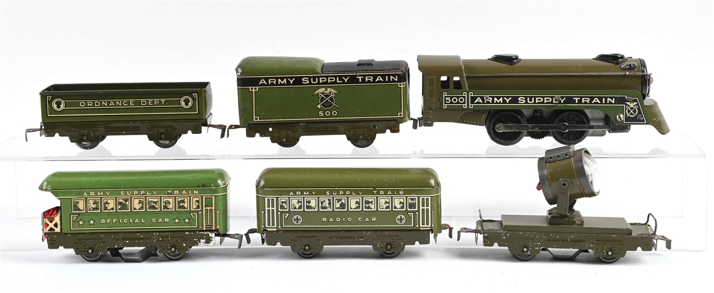 LOT OF 6: LOUIS MARX O-GA. ARMY SUPPLY TRAIN SET