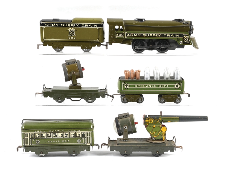 LOT OF 6: LOUIS MARX O-GA. ARMY SUPPLY ORDNANCE DEPARTMENT TRAIN SET