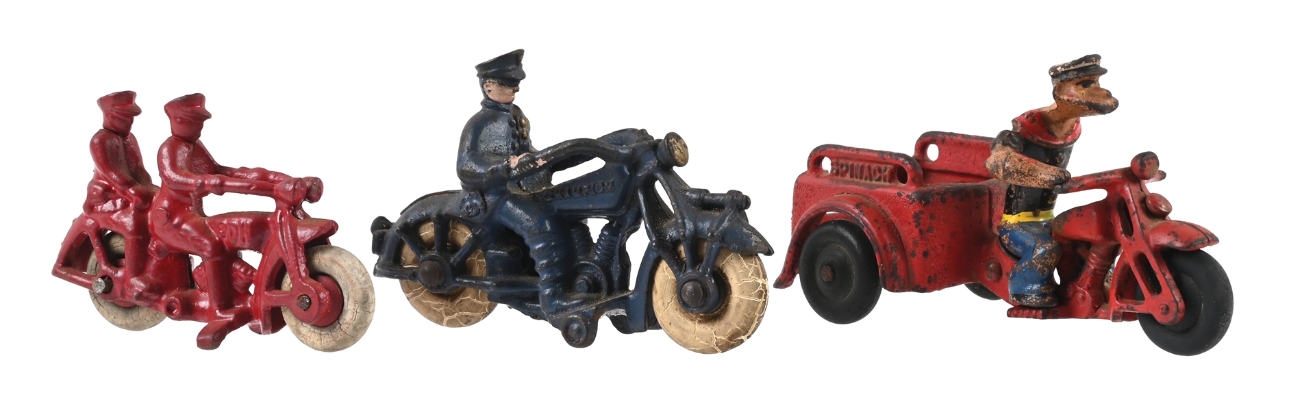 LOT OF 3: HUBLEY MFG. CO. CAST IRON POLICE AND POPEYE SPINACH MOTORCYCLE TOYS