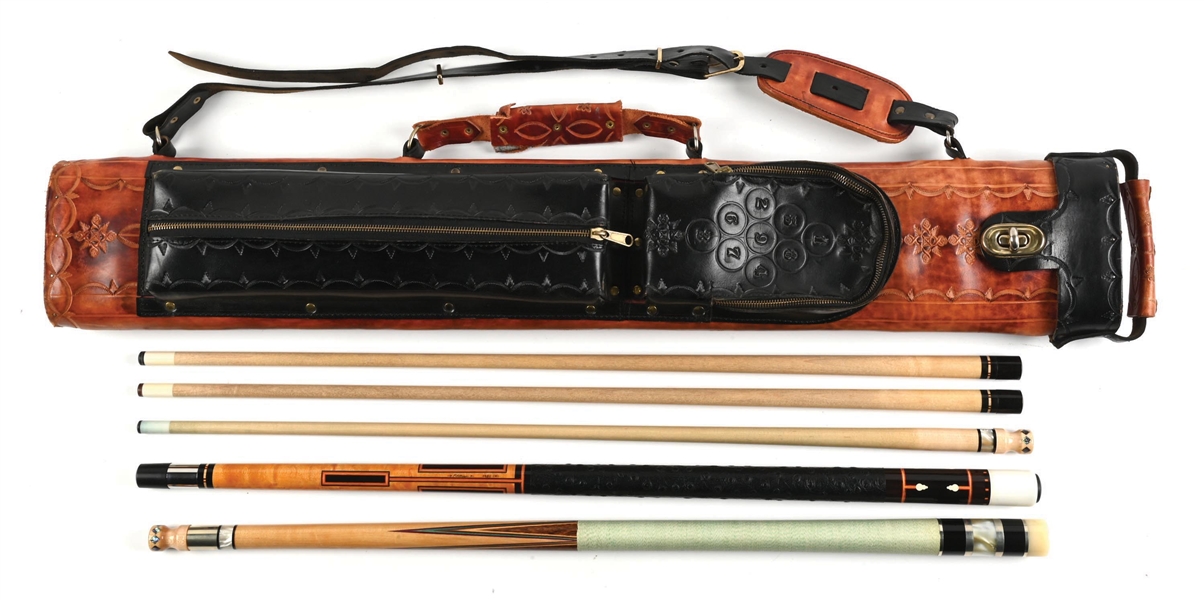 SIGNED 1980 D. PHILLIPPI 1" OF 1" CUE SET WITH TOOLED LEATHER CASE 