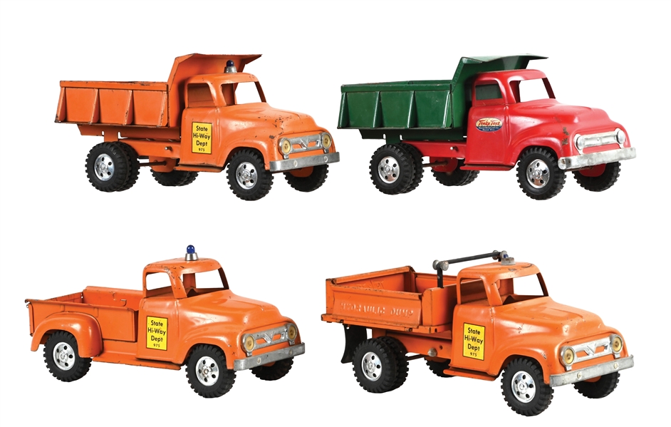 LOT OF 4: TONKA ORANGE AND RED/GREEN STATE HI-WAY DEPT. HYDRAULIC DUMP TOY TRUCKS
