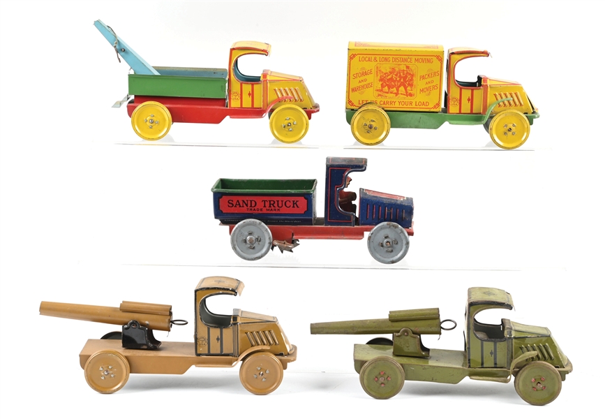 LOT OF 5: J. CHEIN & CO. AND STRAUSS TIN LITHO TOY TRUCKS