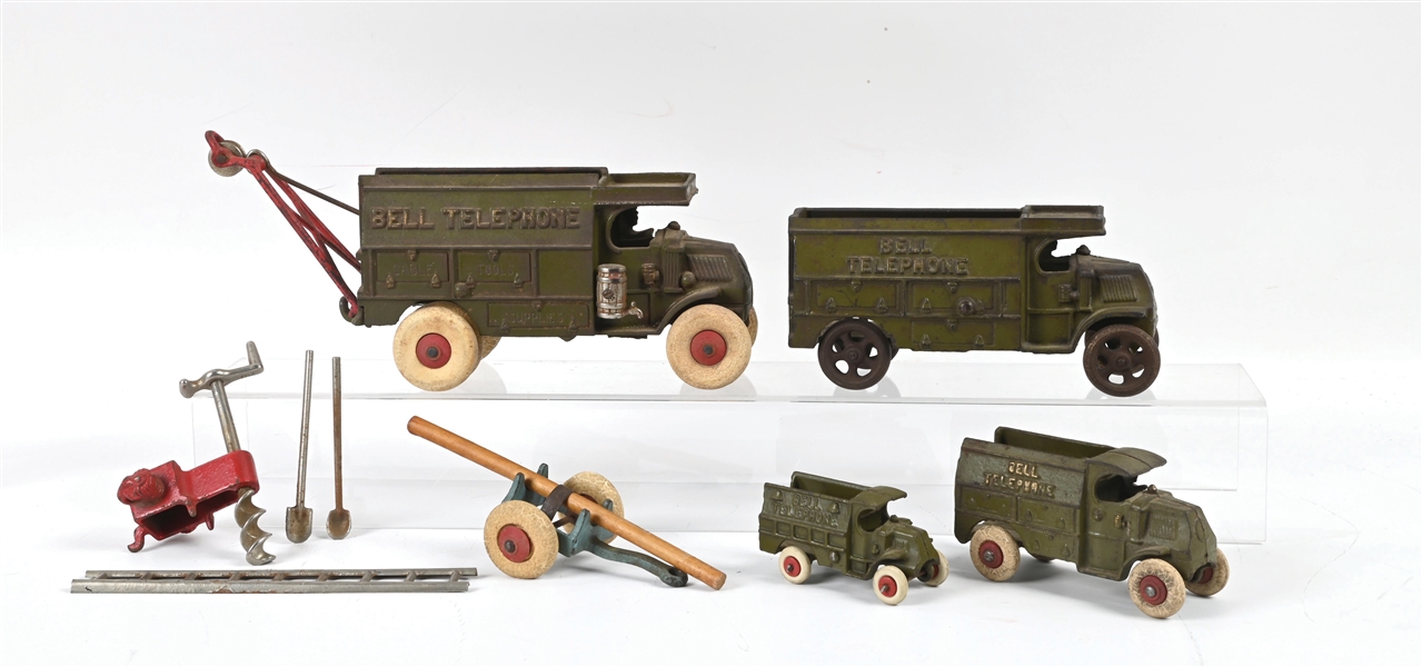 LOT OF 5: HUBLEY MFG. CO. CAST IRON BELL TELEPHONE TRUCKS