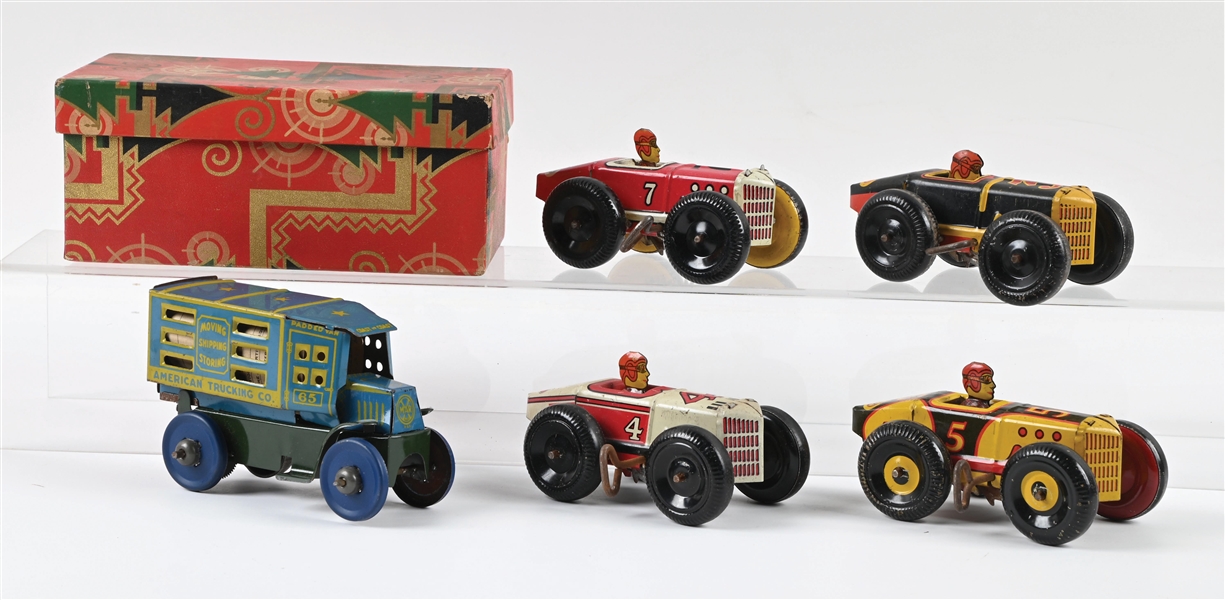 LOT OF 5: LOUIS MARX TIN LITHO RACING CARS AND AMERICAN TRUCKING CO. MOVING TRUCK