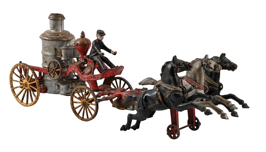 ANTIQUE CAST IRON THREE HORSE-DRAWN FIRE PUMPER TRUCK