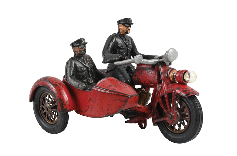 HUBLEY MFG. CO. CAST IRON BATTERY OPERATED POLICE MOTORCYCLE TOY WITH SIDE CAR & TWO OFFICERS