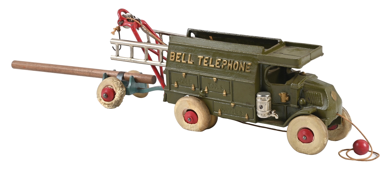 LOT OF 2: CAST IRON BELL TELEPHONE PULL TOY TRUCK WITH TOOLS AND TRAILER