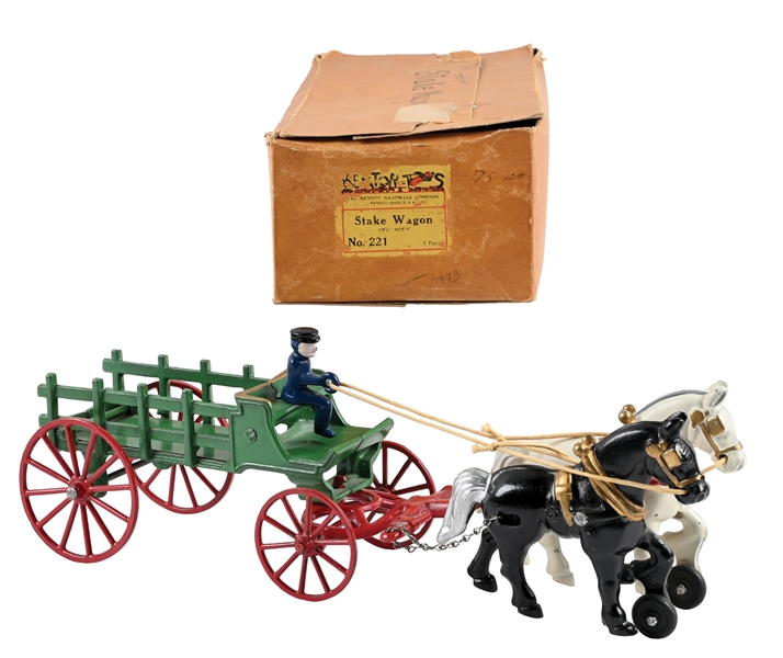 KENTON HARDWARE CO. CAST IRON HORSE-DRAWN STAKE WAGON NO. 221 W/ ORIG. BOX