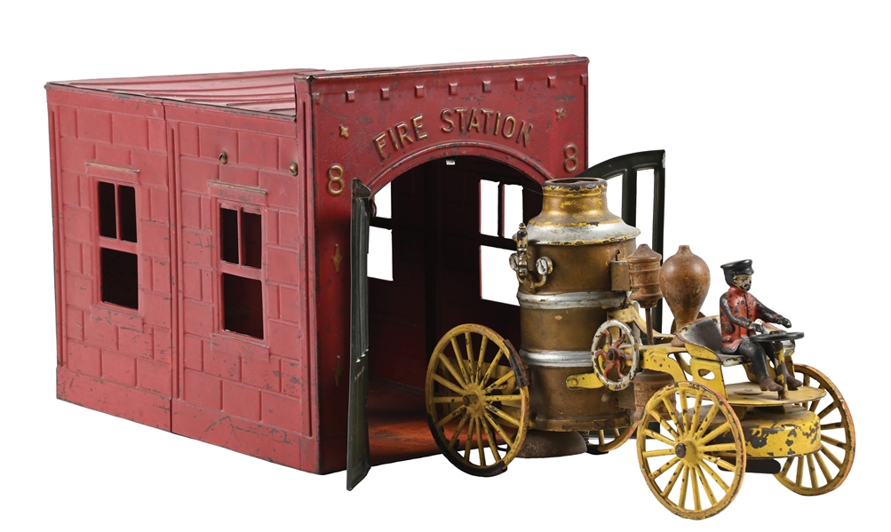 LOT OF 2: KINGSBURY PRESSED STEEL NO. 8 FIRE STATION AND PUMPER TRUCK