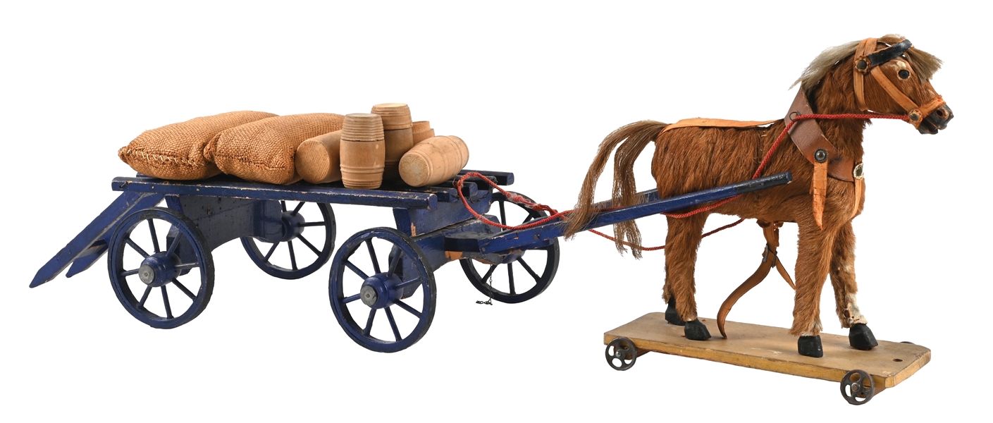 ANTIQUE HORSE PULL TOY WITH WOODEN CART WAGON