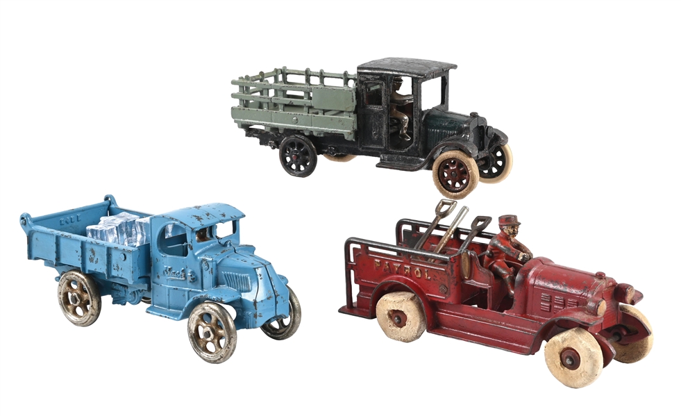 LOT OF 3: ARCADE CAST IRON STAKE AND ICE TRUCK AND KENTON PATROL TRUCK